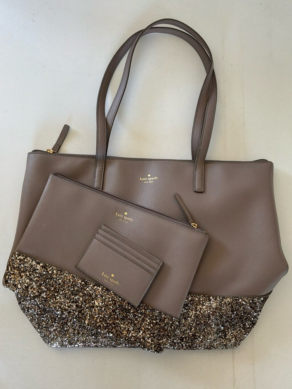 Kate Spade New York Gray Glitter Saffiano Leather Tote 3-Piece Set w/ Zip Pouch